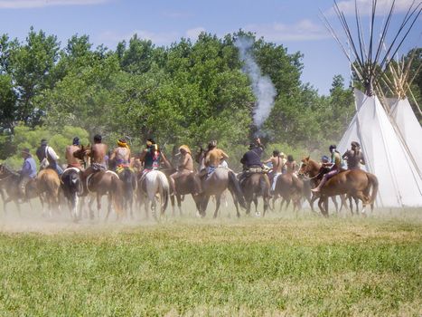 US Cavalry and Indians in Battle of the Bighorn reenactment