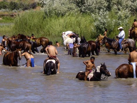 Indian warriors cool off in rivee after the reenactment of the battle