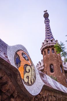 Closeup of entrance pavilion tower of the Park Guell, designed by Antonio Gaudi, in Barcelona, Spain