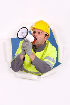Builder shouting into megaphone