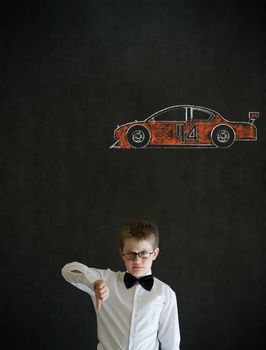 Thumbs down boy dressed up as business man with Nascar racing fan car on blackboard background