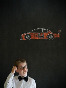 Scratching head thinking boy dressed up as business man with Nascar racing fan car on blackboard background