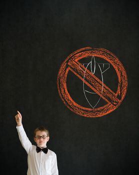 Hand up answer boy dressed up as business man with politician no bombs war pacifist sign on blackboard background