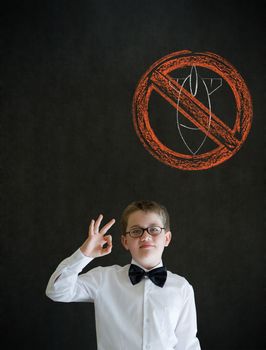 All ok or okay sign boy dressed up as business man with politician no bombs war pacifist sign on blackboard background