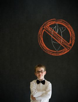 Thinking boy dressed up as business man with politician no bombs war pacifist sign on blackboard background