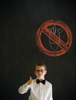 Thumbs up boy dressed up as business man with politician no bombs war pacifist sign on blackboard background