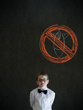 Thinking boy dressed up as business man with politician no bombs war pacifist sign on blackboard background