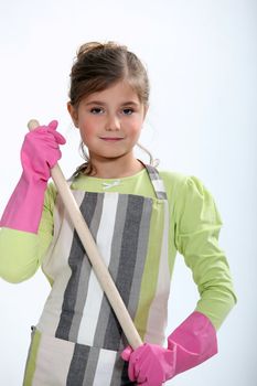 cute little girl dressed as a cleaning lady