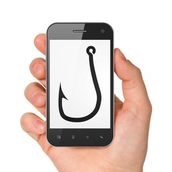 Protection concept: hand holding smartphone with Fishing Hook on display. Generic mobile smart phone in hand on White background.