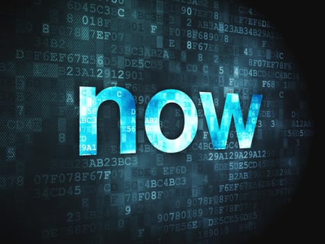 Time concept: pixelated words Now on digital background, 3d render