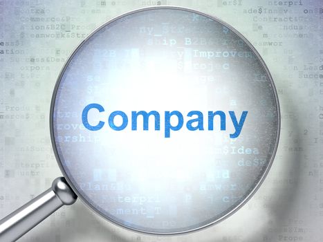 Magnifying optical glass with words Company on digital background, 3d render