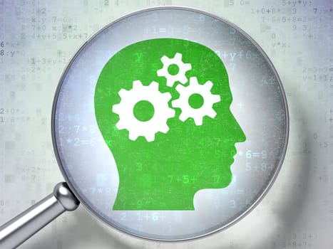 Magnifying optical glass with Head With Gears icon on digital background, 3d render