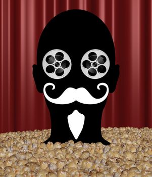 Abstract Illustration of a person up to their neck in popcorn with movie reel eyes