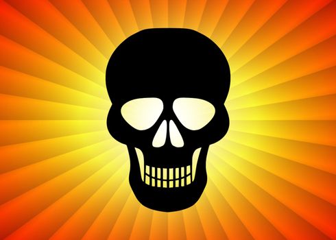 Illustration of a black skull against an orange and yellow background