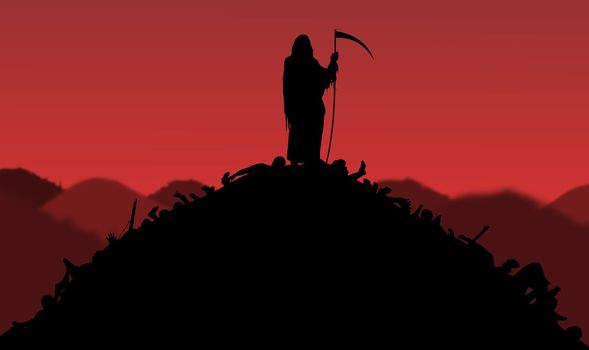 Illustration of the Grim Reaper standing on piles of bodies