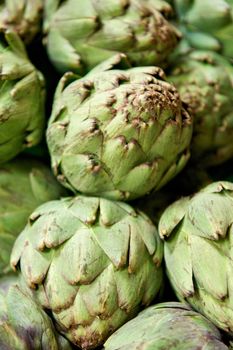 Closeup shot of fresh green artichokes in a pile at a grocery store produce department