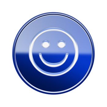 Smiley Face icon glossy blue, isolated on white background.