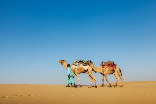 India Rajasthan travel background - Indian cameleer (camel driver) with camels in dunes of Thar desert. Jaisalmer, Rajasthan, India