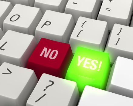 Close up photo-real illustration of a computer keyboard with a red "NO" key and a glowing green "YES!" key. 