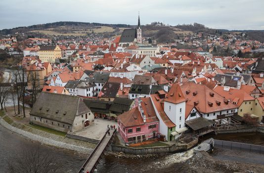 Český Krumlov, Czech Republic - January 3, 2013: View at the medieval town of Cesky Krumlov and Vltava river, located in the South Bohemian Region in the Czech Republic.