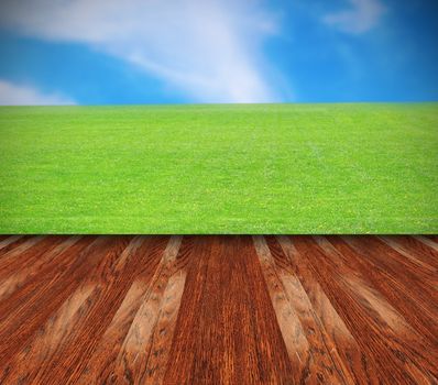 beautiful fresh lawn and blue sky seen from wooden terrace