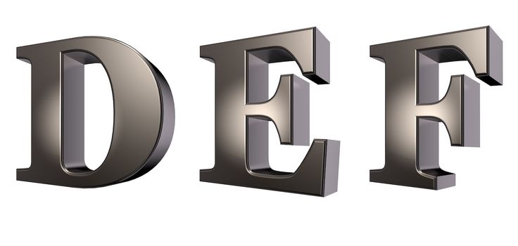 metal letters d, e and f on white background - 3d illustration