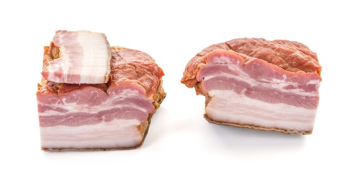 Three Big Cuts of Smoked Bacon over White Background, shallow focus, horizontal shot