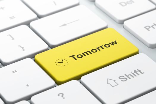 Time concept: computer keyboard with Clock icon and word Tomorrow, selected focus on enter button, 3d render