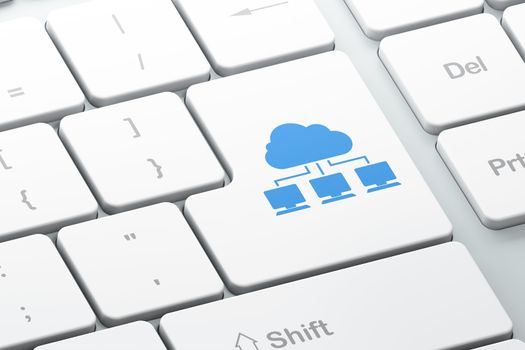 Cloud technology concept: Enter button with Cloud Network on computer keyboard background, 3d render