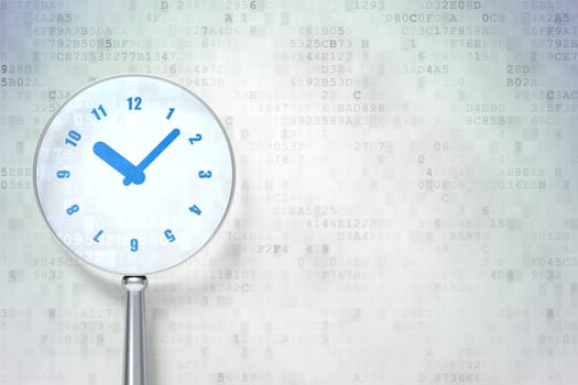 Magnifying optical glass with Clock icon on digital background, empty copyspace for card, text, advertising, 3d render