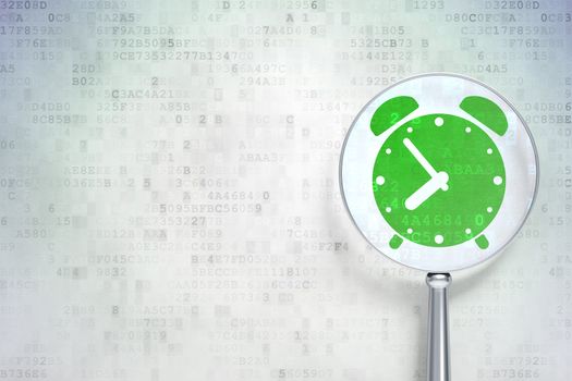Magnifying optical glass with Alarm Clock icon on digital background, empty copyspace for card, text, advertising, 3d render