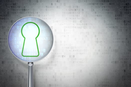 Magnifying optical glass with Keyhole icon on digital background, empty copyspace for card, text, advertising, 3d render