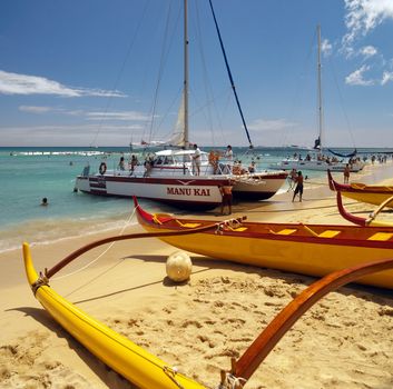 Tourist crowds on Waikiki Beach. Hawaii USA
