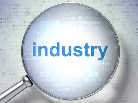 Magnifying optical glass with words Industry on digital background, 3d render