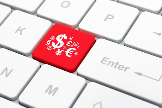Business concept: computer keyboard with Finance Symbol icon on enter button background, selected focus, 3d render