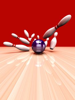 Playing bowling and hitting them all. 3D rendered Illustration. 