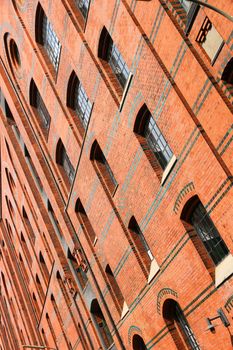 Facade of a historic building in the Speicherstadt in Hamburg, Germany, Europe.