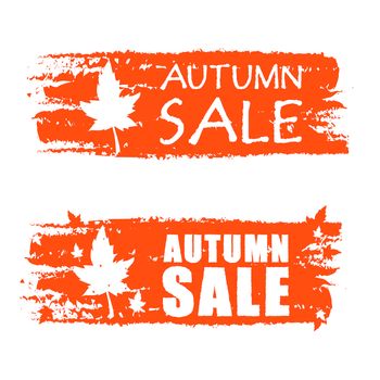 autumn sale - orange drawn banners with text and fall leaf, business concept