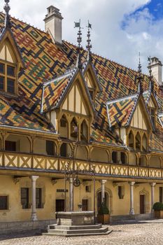 The Hotel-Dieu (Medieval Hospice) in Beaune. Dates from 1443 when it was built to remedy the suffering of the towns poor. Beaune is the wine capital of Burgundy in eastern France.