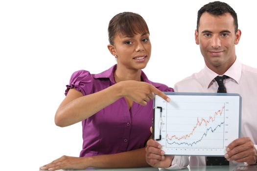 Business couple pointing at graph