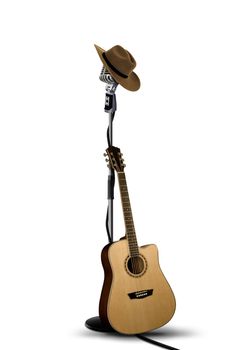 Vintage Microphone with Cowboy Hat and Guitar