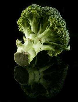 Green fresh inflorescence of broccoli on the black glossy background