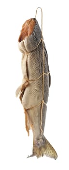 Suspended trunk of a smoked salmon on the white background