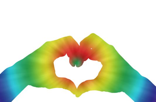 hands making heart shape with retro rainbow colors