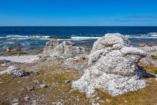 Rocky coast of Fårö island in Gotland, Sweden. Rock formation reminding a head of a bird.