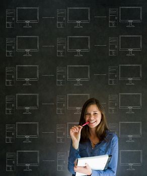 Businesswoman, student or teacher with chalk networks on blackboard background