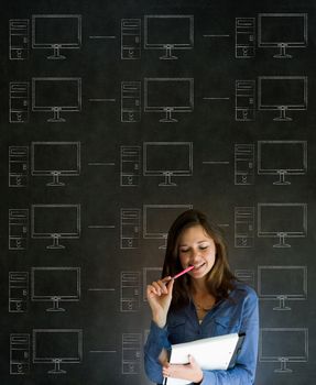 Businesswoman, student or teacher with chalk networks on blackboard background