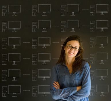 Businesswoman, student or teacher with chalk networks on blackboard background