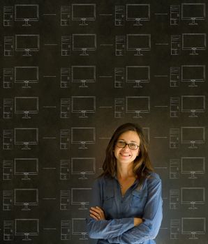 Businesswoman, student or teacher with chalk networks on blackboard background