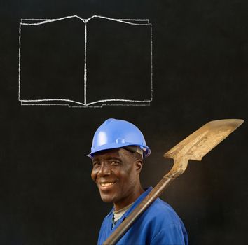 African American black man worker with chalk open book on a blackboard background